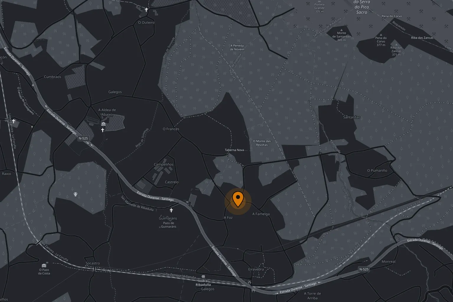 Mapa de la zona de Santa Cruz de Rivadulla, Vedra, con la ubicación del taller señalada